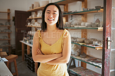 Buy stock photo Woman, portrait and smile in pottery workshop, creative studio and manufacturing startup in Tokyo. Happy small business owner, ceramic designer and artist working with sculpture, creativity and craft