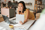 Tablet, e commerce and woman or small business owner smile for profit, sales and startup loan for investment. Online banking, success and asian person, entrepreneur or creative worker check savings