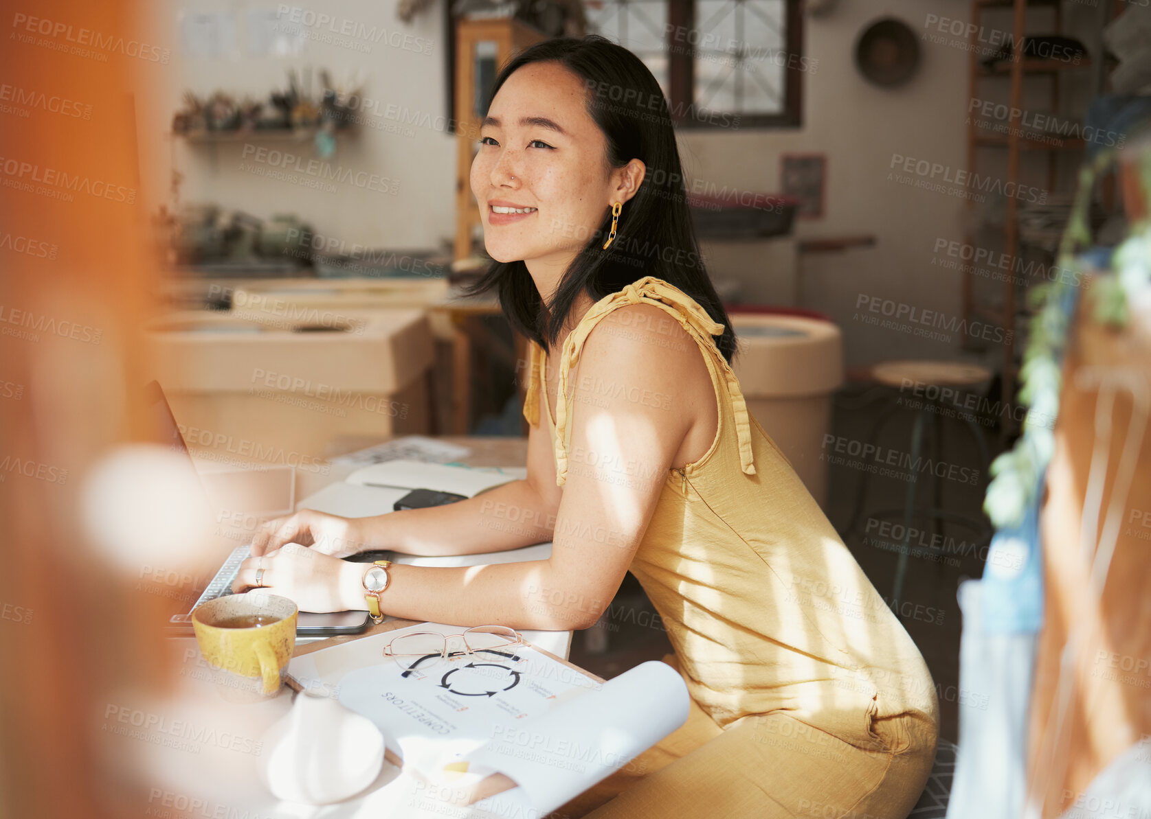 Buy stock photo Business owner, Asian woman and thinking in workplace, smile and planning for project. Female entrepreneur, girl or boss in studio, idea or leader for startup, research for marketing plan or schedule