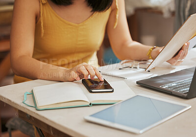 Buy stock photo Notes, business woman and phone with hands or computer work of an remote employee typing. Online planning, internet research and pc writing of a female freelancer on a mobile checking staff numbers