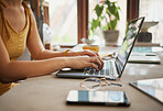 Typing, woman hands and laptop work of a remote employee with a staff schedule. Online research, internet and pc writing of a female freelancer working on digital planning strategy on laptop keyboard