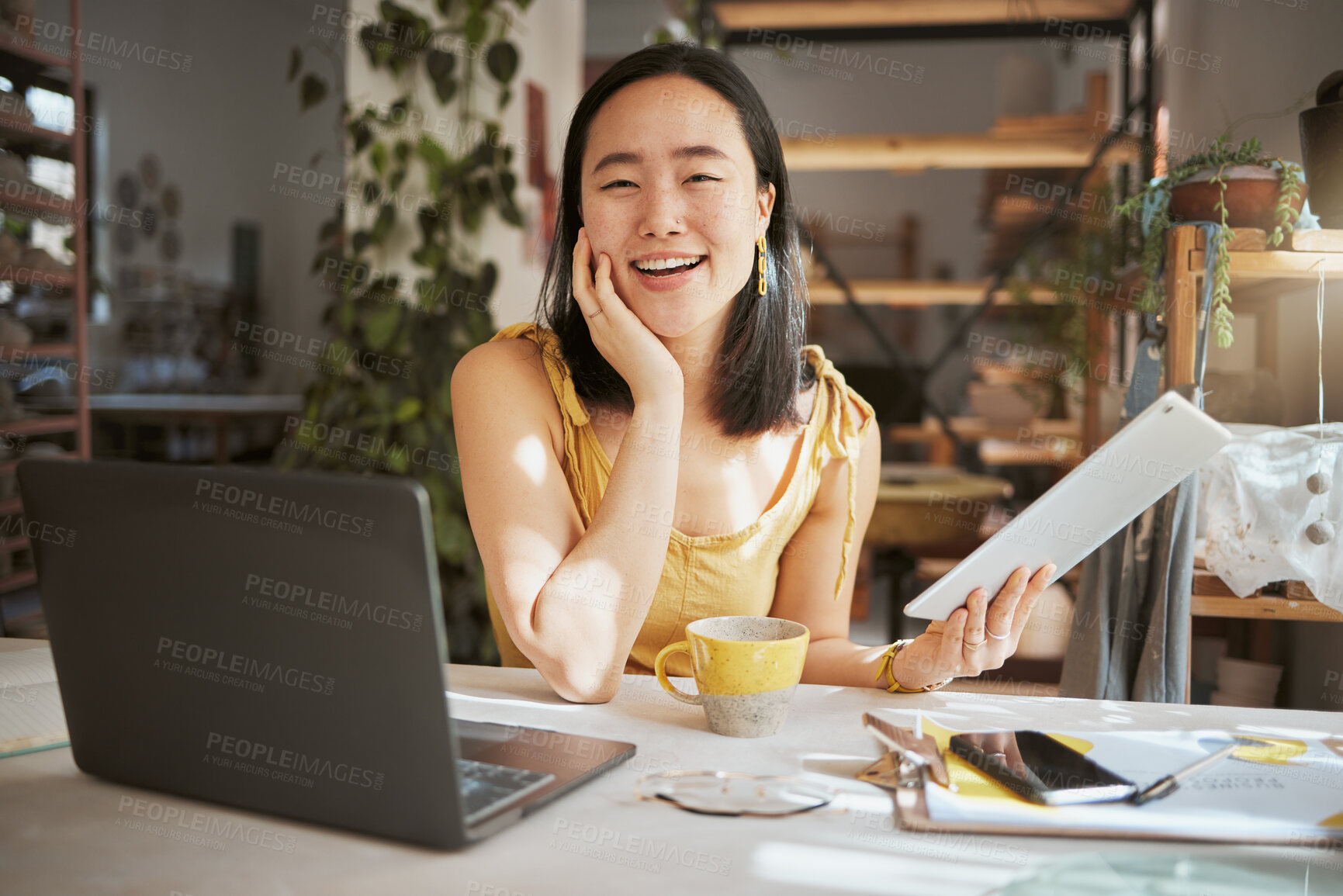 Buy stock photo Happy, research and tablet with portrait of asian woman in startup for management, planning and strategy. Idea, vision and creative with small business owner for branding, agenda and web design