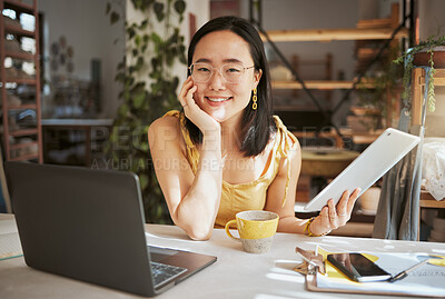 Buy stock photo Happy, research and tablet with portrait of asian woman in startup for management, planning and strategy. Idea, vision and creative with small business owner for branding, agenda and web design