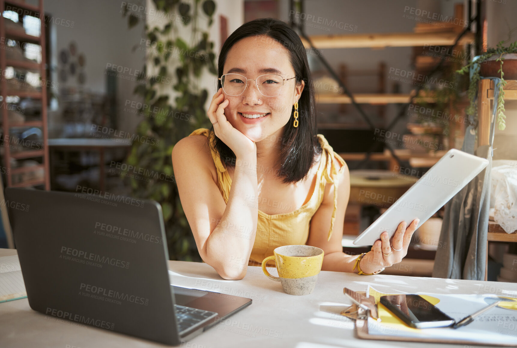 Buy stock photo Happy, research and tablet with portrait of asian woman in startup for management, planning and strategy. Idea, vision and creative with small business owner for branding, agenda and web design