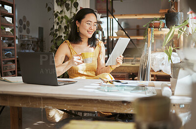 Buy stock photo Thinking, relax and tablet with of asian woman on coffee break in startup for management, planning and research. Idea, vision and creative with small business owner for branding, agenda or web design