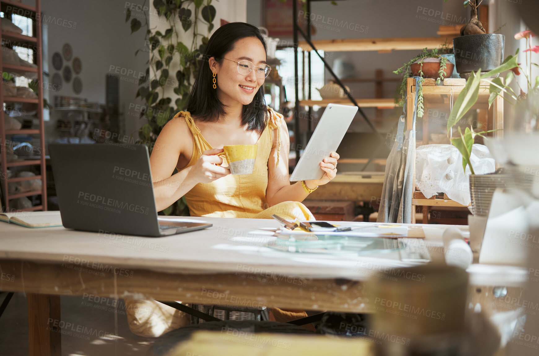 Buy stock photo Thinking, relax and tablet with of asian woman on coffee break in startup for management, planning and research. Idea, vision and creative with small business owner for branding, agenda or web design