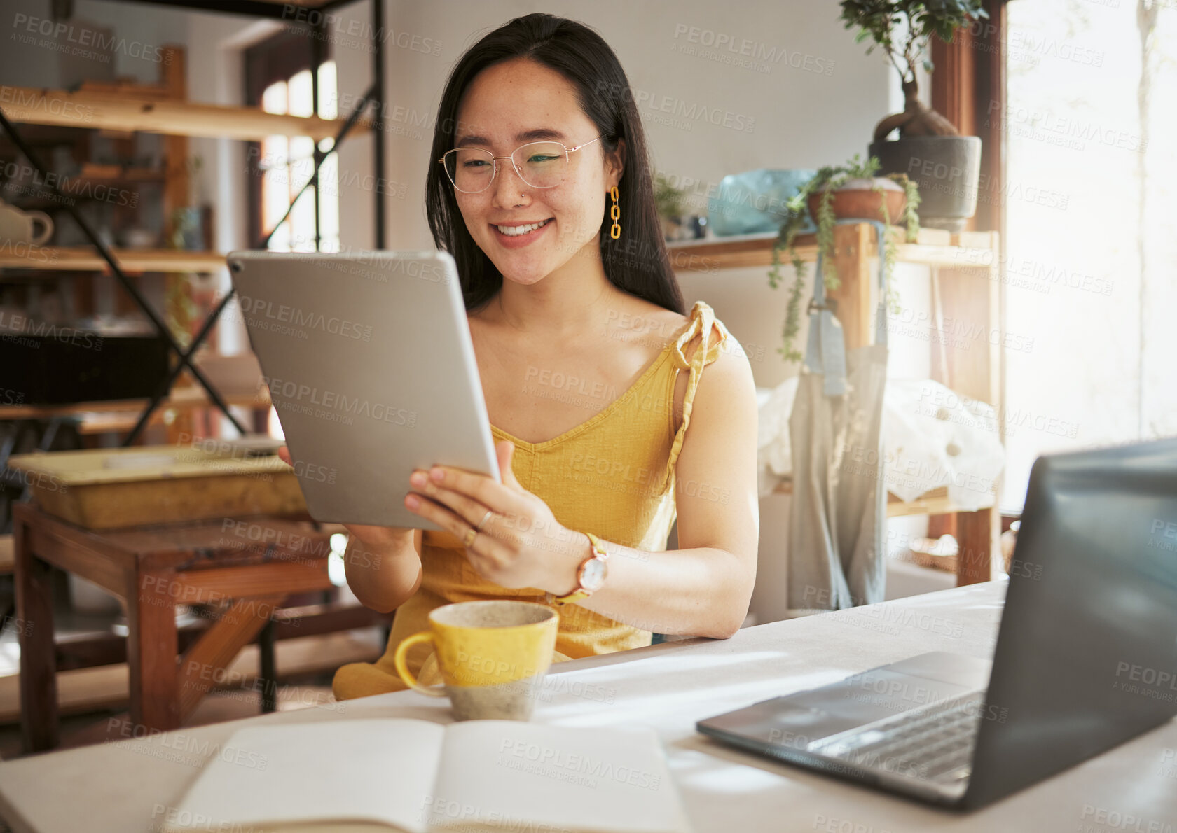 Buy stock photo Thinking, creative and tablet with of asian woman and idea in startup for management, planning or research. Ecommerce, store and product with small business owner for design, art and pottery workshop