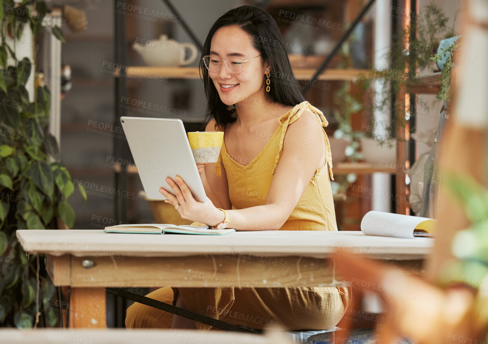 Buy stock photo Thinking, smile and tablet with of asian woman on coffee break in startup for management, planning and research. Idea, vision and creative with small business owner for branding, agenda or web design