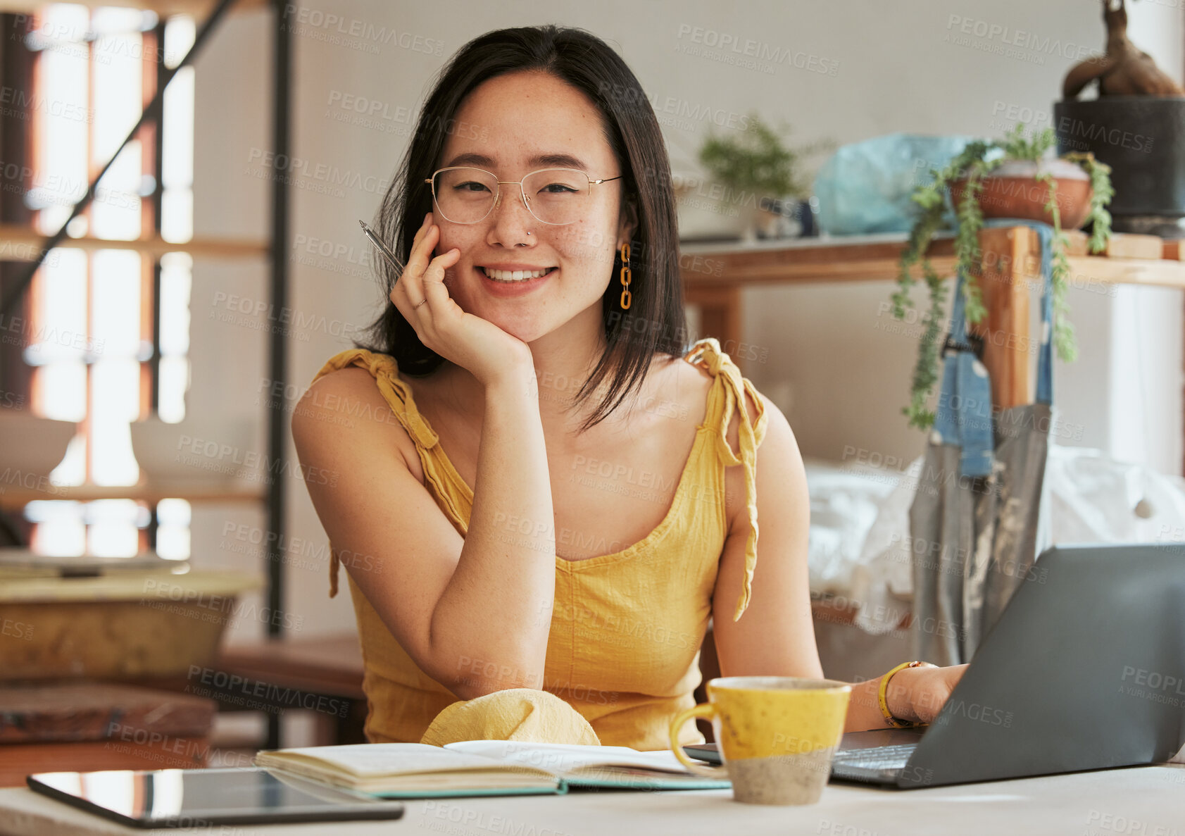 Buy stock photo Startup, Asian portrait or business woman with smile for networking, online communication or blog content search. Happy, face or girl with laptop for social media, SEO planning or website review