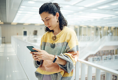 Buy stock photo Woman typing, smartphone and connection for social media, conversation and search internet. Canada, female student or girl with cellphone, online reading and scroll for website, email or casual style