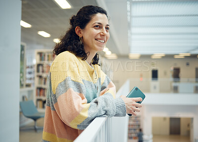 Buy stock photo University, happy professor or teacher woman with research goals, vision for success and excited for knowledge teaching. Campus, college or school person thinking of education and creative study