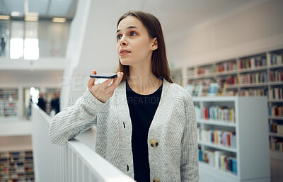 Buy stock photo Phone, communication and student woman in a library education and learning building talking. Books, girl talking and research conversation of a person in college ready for study and book search