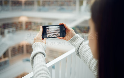 Buy stock photo Library, student and woman taking pictures with phone for social media. Education scholarship, tech and female taking photo with mobile smartphone for online profile or college memory in university.