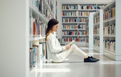 Buy stock photo Reading, knowledge and woman with a library book for education, research and learning at college. Scholarship, academy and student with books for studying information at university on campus