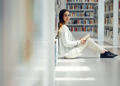 Buy stock photo Reading, education and portrait of a woman in a library for college research, learning information and book knowledge. Scholarship, happy and student at university studying law from books on campus