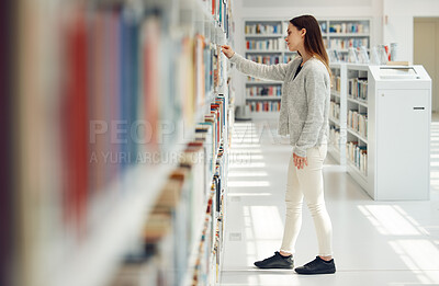 Buy stock photo Woman, student and research in library for books, knowledge or learning at bookstore for education. Female looking at bookshelf in study for project, assignment or thesis for college scholarship