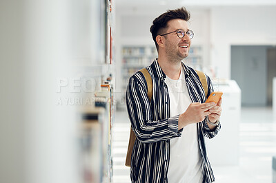 Buy stock photo Social media, thinking and man with a phone at college for school contact, education chat and learning communication at college. Email, internet and student typing an idea on a mobile at university