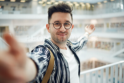 Buy stock photo Library, student selfie and man in university, college or school. Education scholarship, learning and face portrait of young male taking a photo or picture for memory, social media or online profile.