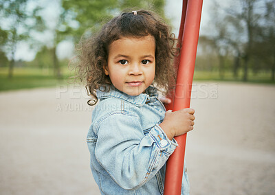 Buy stock photo Portrait, black girl and in park to play, summer and happiness on weekend, freedom and carefree. Outdoor, African American kid and female young person at playground, motivation and child development