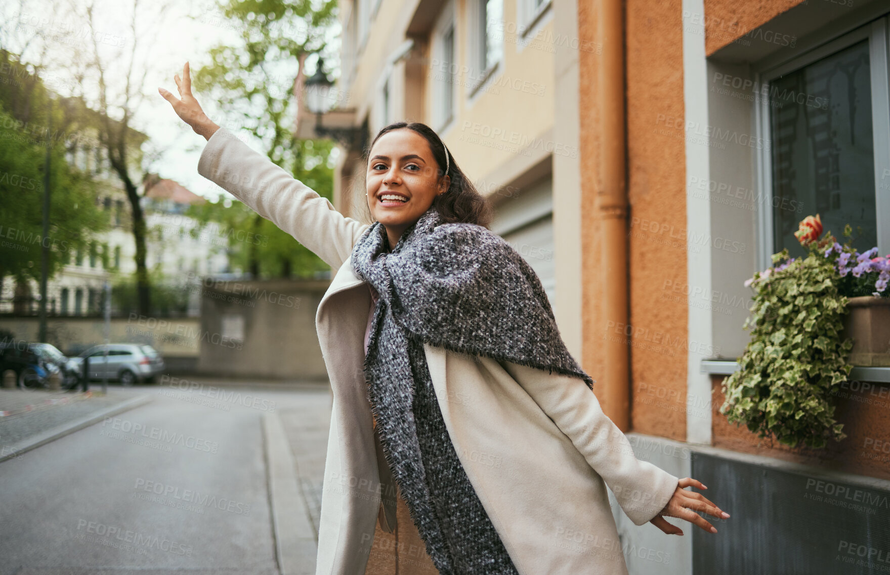 Buy stock photo Tourist, travel and hailing taxi in city, street or New York road in transportation, traveling and urban commute. Smile, happy woman and student stopping cab, lift or sightseeing bus in town location