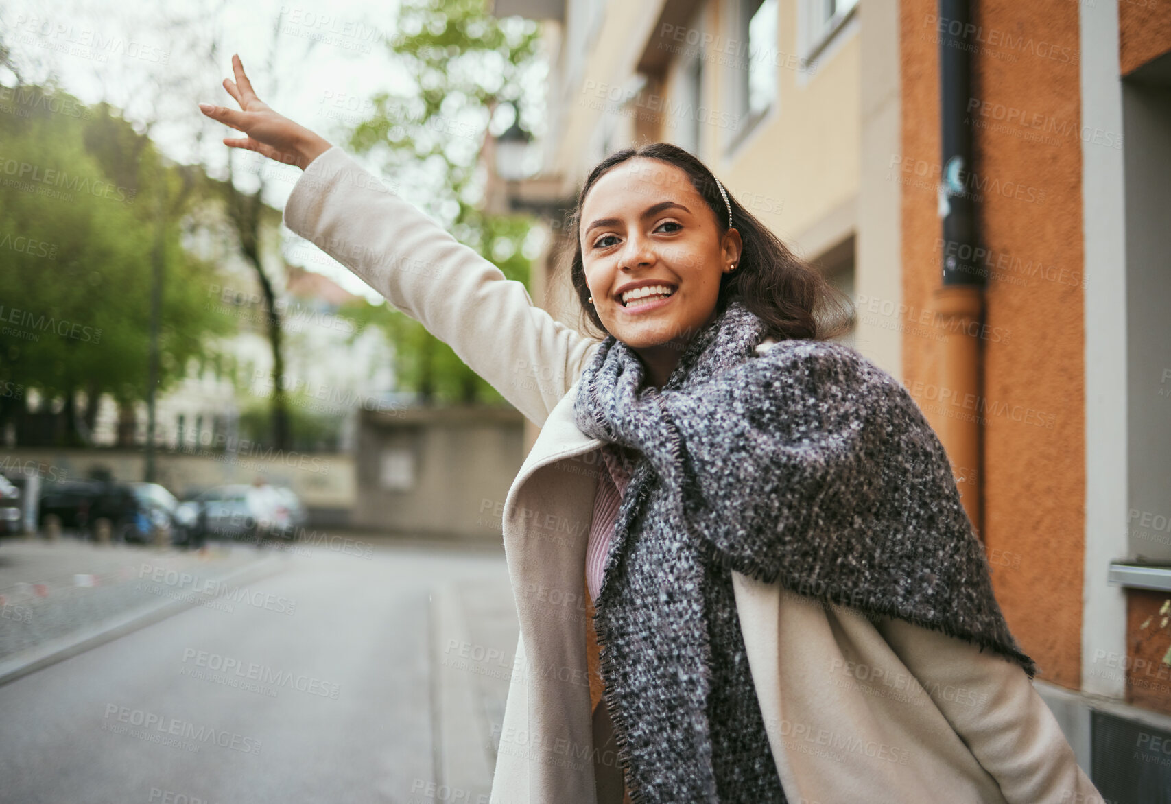 Buy stock photo Woman, travel and hailing taxi hand in city, street or New York road in transportation, traveling and commute. Happy tourist, student and person waiting for cab, lift stop or sightseeing location bus