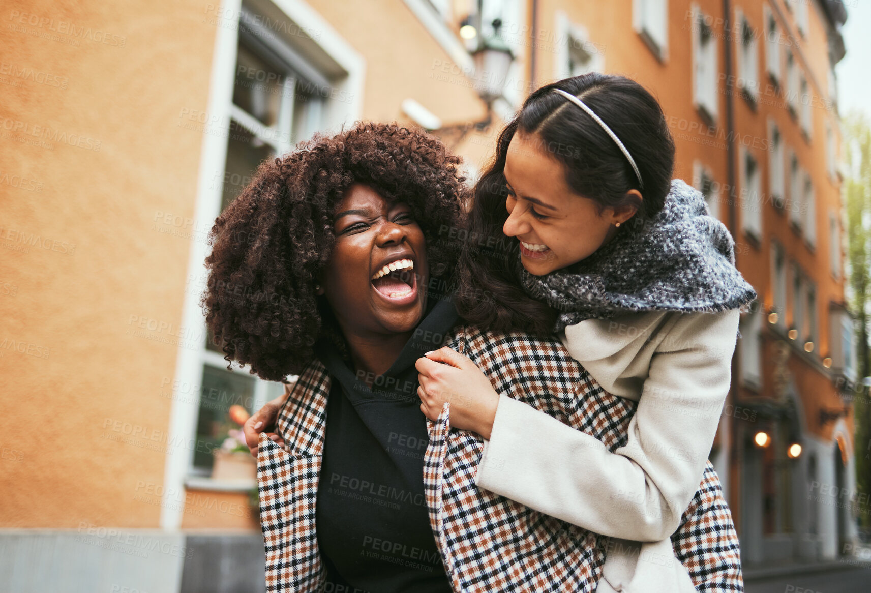 Buy stock photo Friends laugh, comedy on adventure and travel in city, happy people with piggyback and women on holiday in Italy. Happiness, funny and diversity with vacation together, tourist with freedom and fun