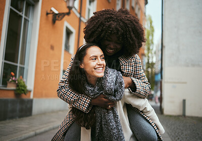 Buy stock photo Friends piggyback, adventure and travel in city, happy people with smile and women together in Italy for holiday. Happiness, diversity with vacation and tourist have fun with freedom and joy