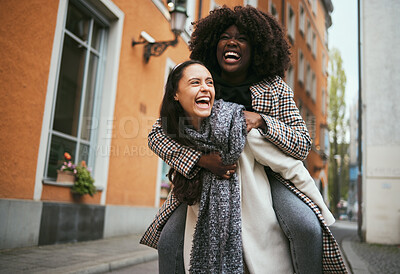 Buy stock photo Friends laugh, adventure and travel in city, happy people with piggyback and women in Italy on vacation. Happiness, diversity and holiday together, tourist have fun with freedom and comedy outdoor