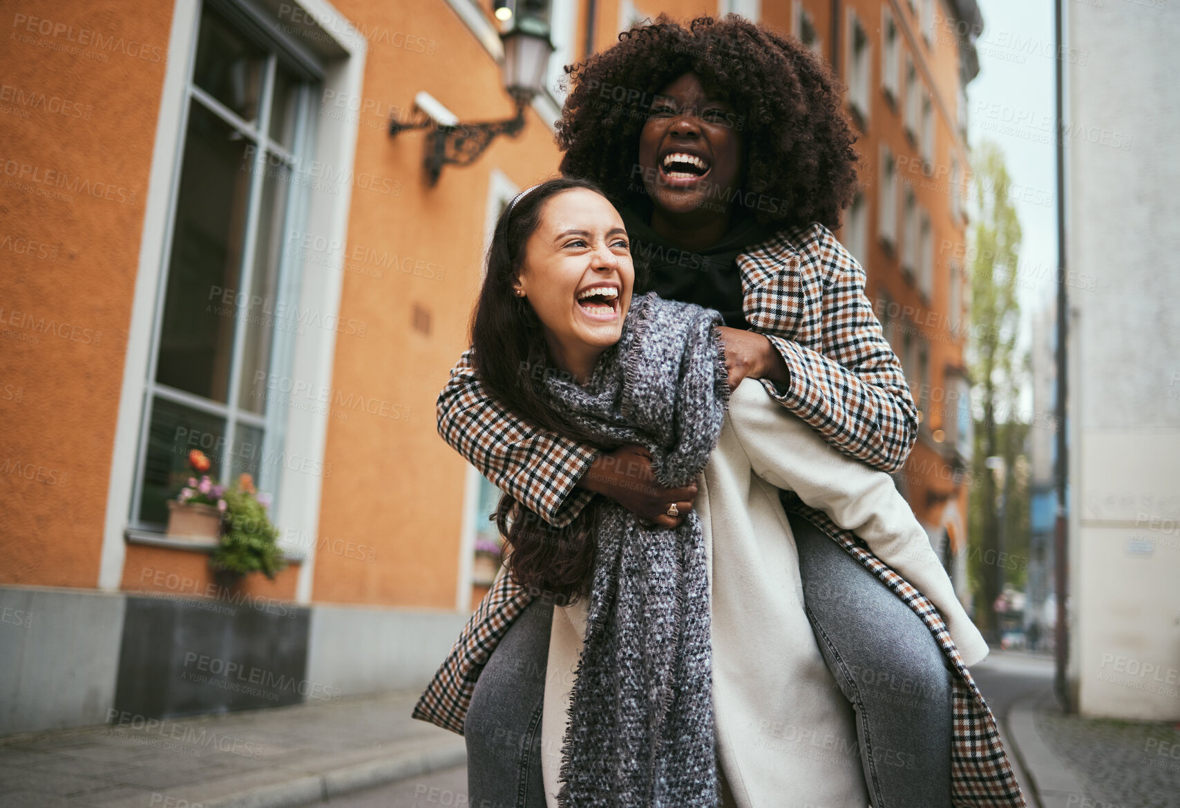 Buy stock photo Friends laugh, adventure and travel in city, happy people with piggyback and women in Italy on vacation. Happiness, diversity and holiday together, tourist have fun with freedom and comedy outdoor