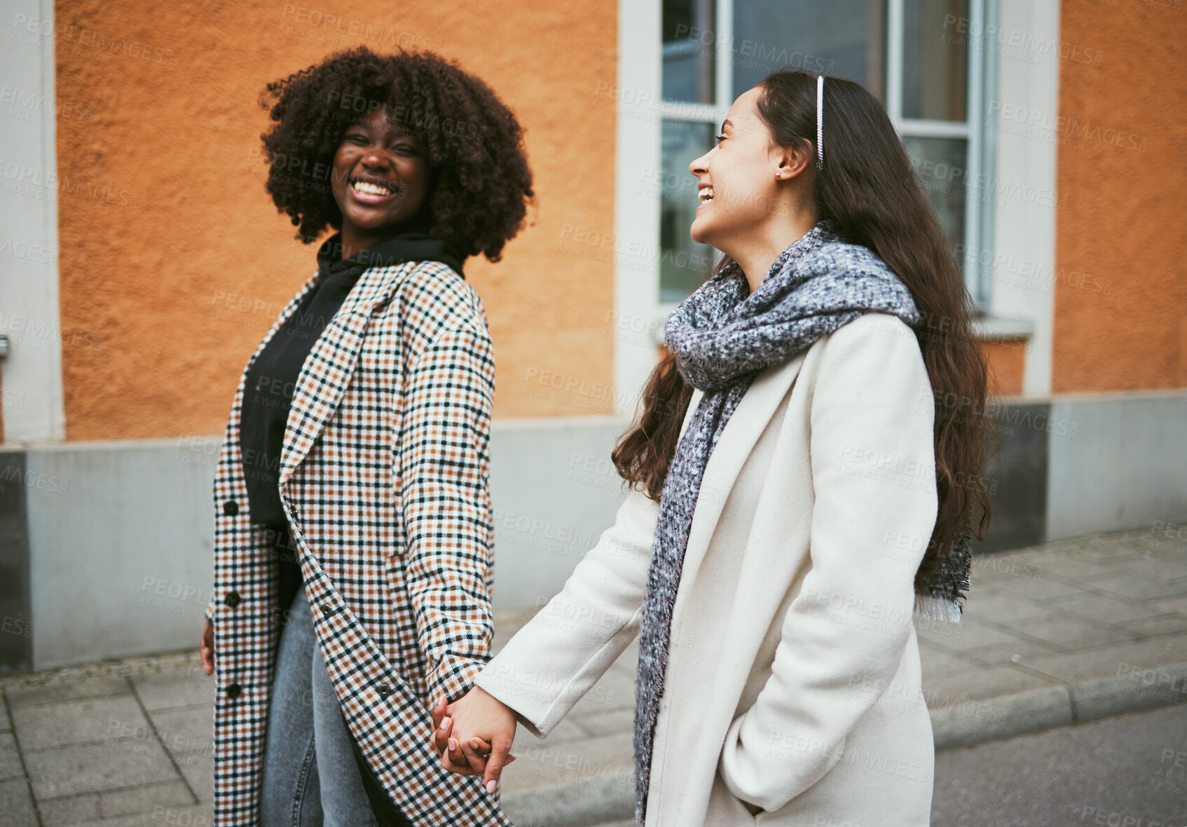 Buy stock photo Love, holding hands and lesbian couple walking in street enjoying holiday, vacation and adventure on weekend. Fashion, lgbtq relationship and women together for happy lifestyle, freedom and relaxing