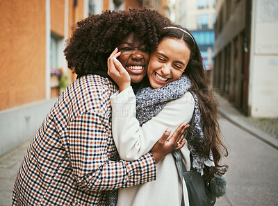 Buy stock photo Fashion, city and friends hug in street enjoying holiday, vacation and adventure together on weekend. Friendship, travel and happy women hugging for carefree lifestyle, freedom and relaxing outdoors