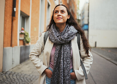 Buy stock photo Travel, walking and woman in the city street for adventure, thinking and exploring on holiday in France. Smile, peace and girl on a walk in the road during a vacation to relax while traveling