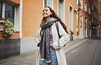 Excited, travel and walking woman in the city street for adventure, exploring and smile at architecture in France. Thinking, happy and girl on a walk in the road with an idea during a holiday