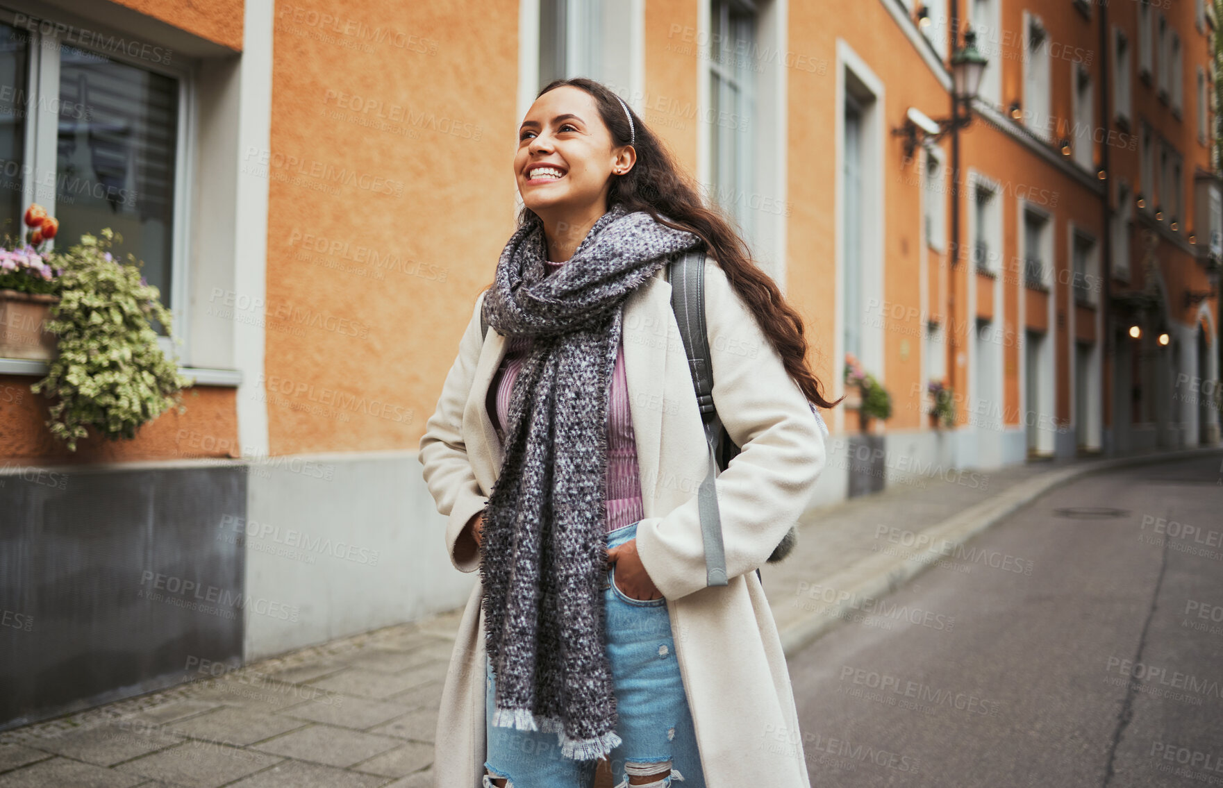 Buy stock photo Excited, travel and walking woman in the city street for adventure, exploring and smile at architecture in France. Thinking, happy and girl on a walk in the road with an idea during a holiday