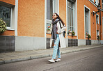 Happy, relax and woman in the city street for travel adventure, walking and thinking on a vacation in Italy. Peace, idea and traveler girl in a vintage road traveling a town during a holiday