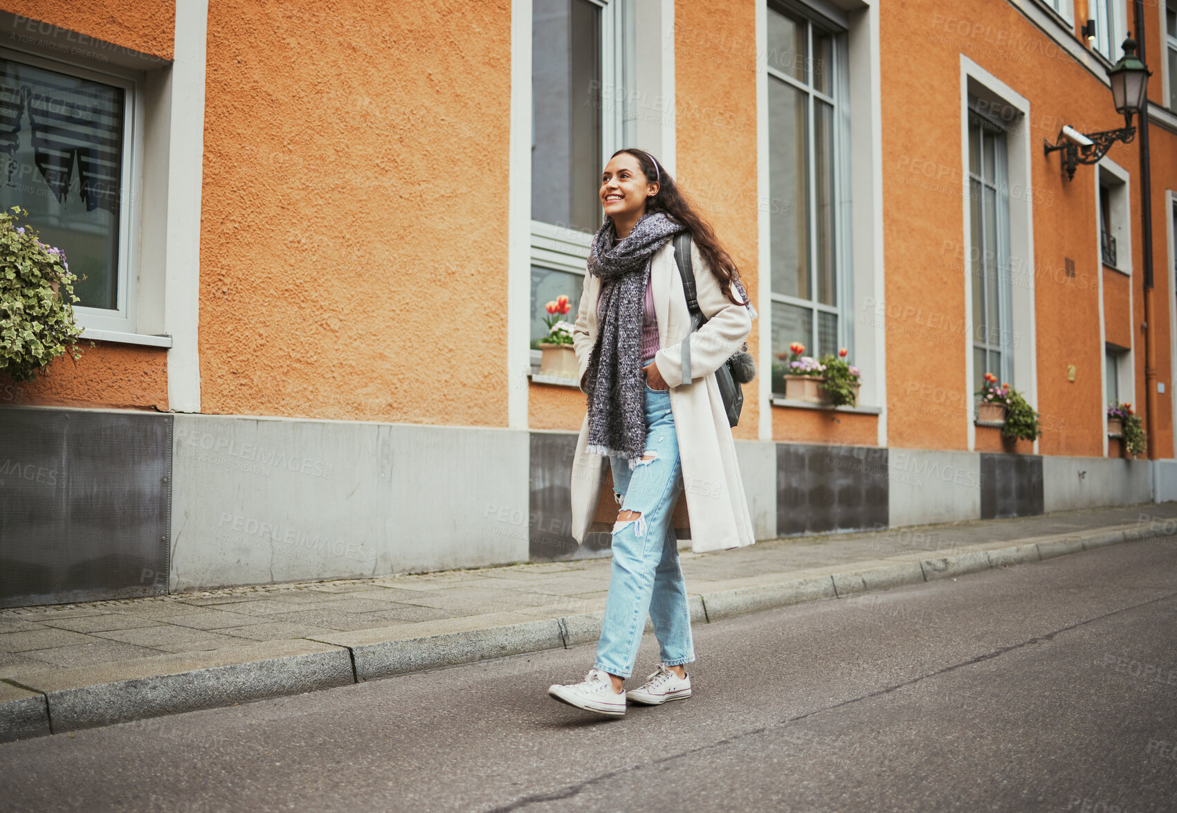 Buy stock photo Happy, relax and woman in the city street for travel adventure, walking and thinking on a vacation in Italy. Peace, idea and traveler girl in a vintage road traveling a town during a holiday