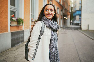 Buy stock photo Thinking, happy and woman in the city for travel, street exploring and holiday in Argentina. Summer, traveling idea and girl walking in road with a smile during a vacation as a tourist an urban town