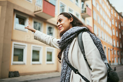 Buy stock photo Happy woman, travel and hailing taxi in city, street and road in transportation, traveling and urban commute. Smile, tourist and fashion student stopping cab, lift or sightseeing bus in town location