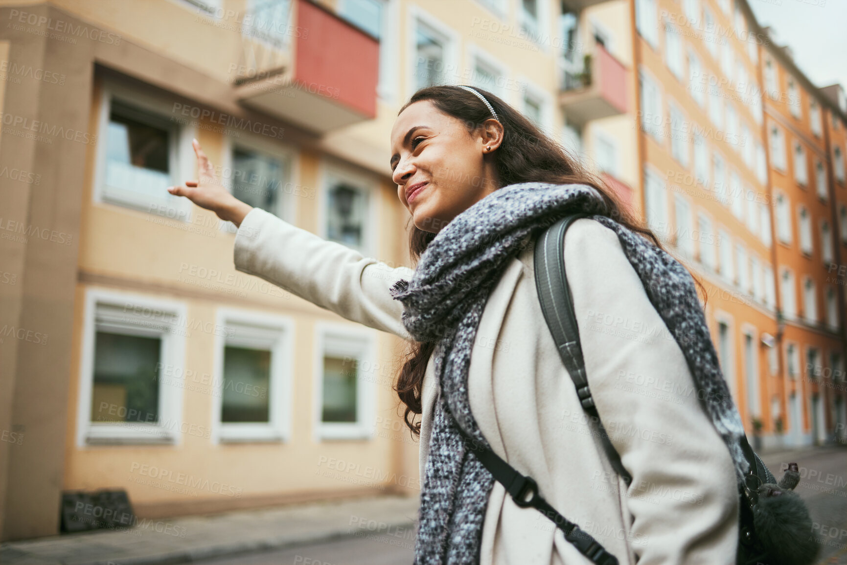 Buy stock photo Happy woman, travel and hailing taxi in city, street and road in transportation, traveling and urban commute. Smile, tourist and fashion student stopping cab, lift or sightseeing bus in town location