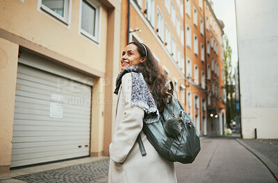 Buy stock photo Back, woman and excited for travel, smile and relax for vacation, summer and town. Young female, student exchange or backpack for tourism, happiness or holiday for break, road trip or freedom in city