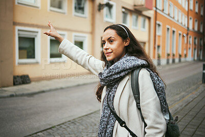 Buy stock photo Woman, travel or hailing taxi in city, street or New York road in transportation, traveling or urban commute. Tourist, student or person waiting for cab, lift stop or sightseeing bus in town location