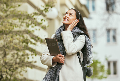 Buy stock photo Travel, walking and woman with tablet in city in street, road and sidewalk in for urban adventure in London.  Journey, freedom and girl enjoying holiday, vacation and weekend for tourism sightseeing