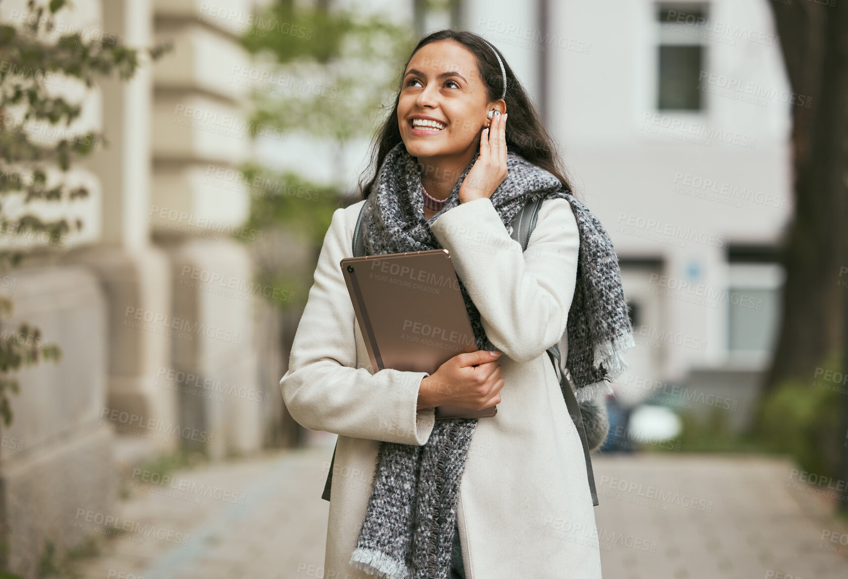 Buy stock photo Travel, happy or woman listening to music and walking in London city on a relaxing holiday vacation or weekend. Smile, radio song or excited girl tourist looking at buildings and streaming podcast