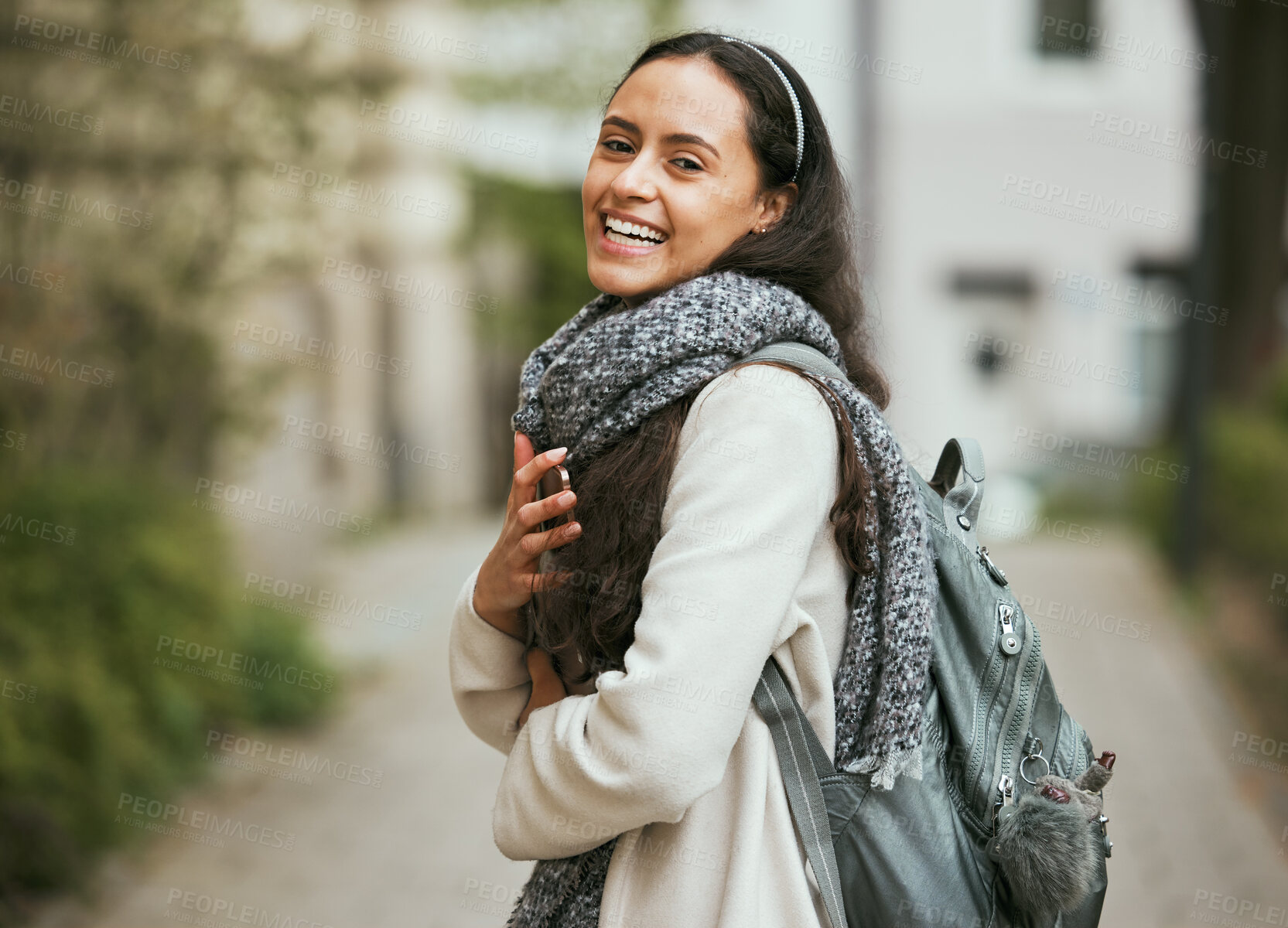 Buy stock photo Travel, walking in city and woman with tablet in for university, college and studying abroad in London UK. Education, international school and girl student excited for adventure, freedom and journey