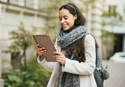 Buy stock photo Social media, digital writing and travel woman working and watching a video on a city street. Online communication, happy and young student in urban outdoor from Brazil smile about 5g screen message