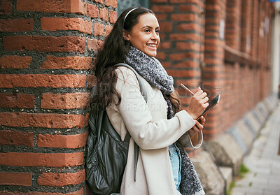 Buy stock photo Tablet, digital writing and travel blog woman journalist working on city street for urban story. Social media, happy and young traveling reporter outdoor from Spain happy about creative job vision