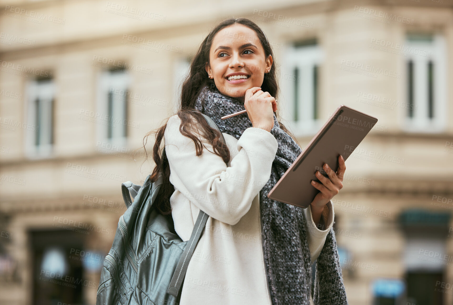 Buy stock photo Woman, tablet and thinking in the city with vision, idea or inspiration for design with smile for travel in the outdoors. Happy female holding touchscreen in thought, sightseeing or exploring outside