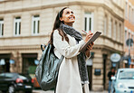 Creative woman, tablet and writing in the city with vision, idea or inspiration for design with smile for travel. Happy female holding touchscreen in thought, write or digital startup in a urban town