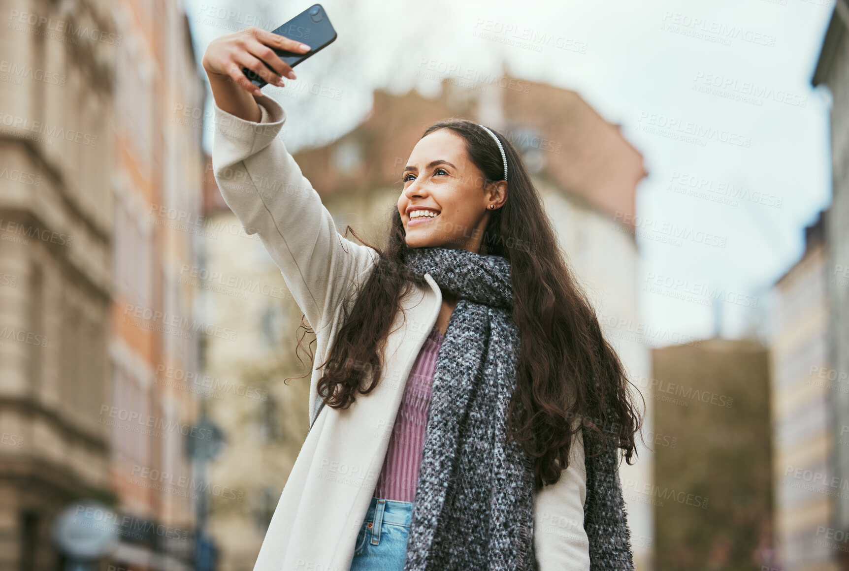 Buy stock photo Travel, phone or woman takes a selfie for social media in city of Paris walking on a relaxing holiday vacation or weekend. Smile, pride or happy girl tourist taking fun pictures alone to post online