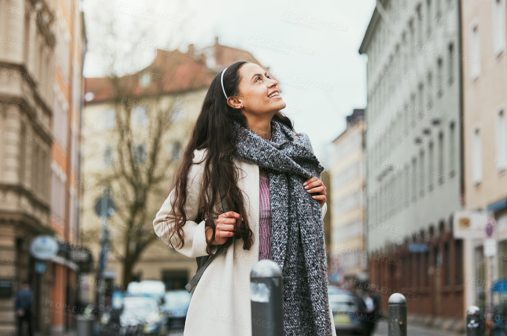 Buy stock photo Walking, city buildings and woman travel on urban street, road or on holiday adventure journey In Chicago Illinois. Outdoor wanderlust, sidewalk and girl on tour journey of USA for winter vacation